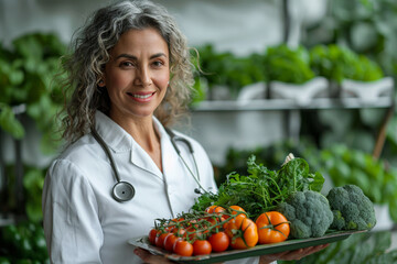 A young, beautiful Caucasian woman, a vegetarian doctor, emphasizes the importance of fresh, organic vegetables for health.