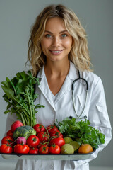 A young Caucasian woman, a nutritionist and doctor, holds fresh vegetables in a farm setting, promoting healthy eating.