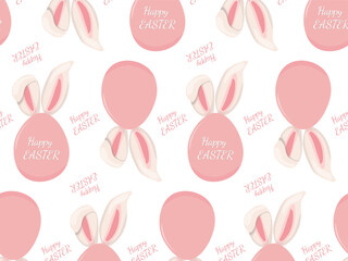 Seamless stylish pattern of Easter colored eggs in soft pink color with white bunny ears. Vector endless holiday background for design textile, clothing, wrapping paper, banner, social media