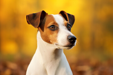 portrait d'un chien de race Jack Russell Terrier, blanc et marron, dans une forêt automnale floutée en arrière-plan. - obrazy, fototapety, plakaty