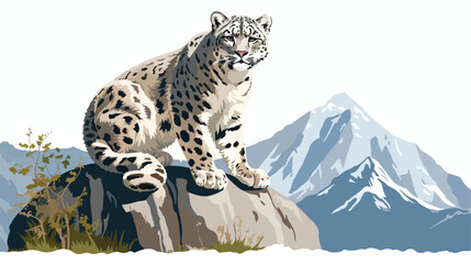 A vigilant snow leopard perched on a rocky ledge 