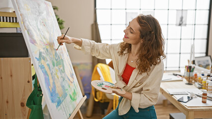 Confident and happy young female artist, immersed in her creativity, enjoying drawing on a canvas...