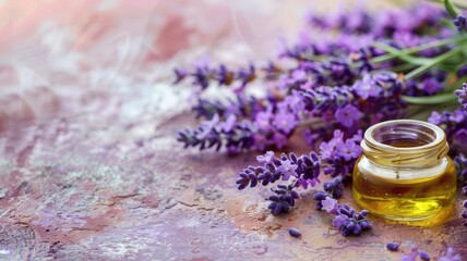 Obraz na płótnie Canvas Lavender flowers and essential oil on a textured surface