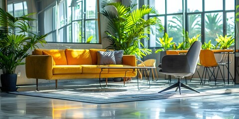 Modern office lounge with cozy couch high chairs and greenery workspace vibes . Concept Office Lounge, Cozy Couch, High Chairs, Greenery, Workspace Vibes
