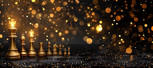 Golden chess pieces on board with festive bokeh lights, strategic gameplay concept - obrazy, fototapety, plakaty
