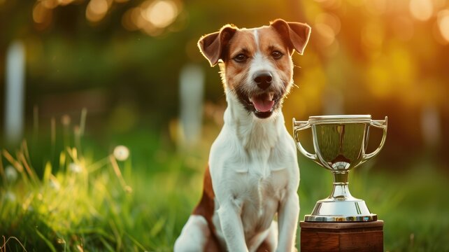 Happy dog with trophy in a sunlit grassy field