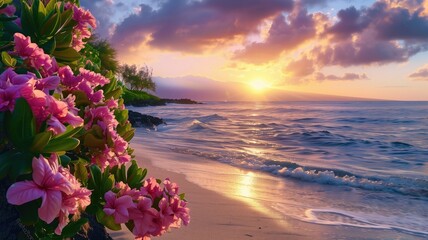 Pink tropical flowers bloom vibrantly against a stunning Hawaiian sunset backdrop