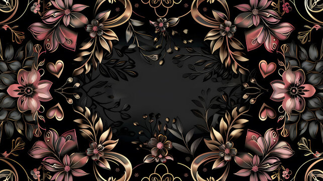 A beautiful floral design with pink, pink gold, hearts, leaves, silver and gold accents. The flowers are arranged in a way that creates a sense of movement and flow 