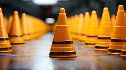 Traffic cones on the road with an electronic arrow pointing  - obrazy, fototapety, plakaty