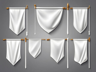 White pennant flags mockup design, blank vertical banners on a flagpole with rounded, straight, pointed and double edges design - obrazy, fototapety, plakaty