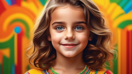 Portrait cute hispanic teen girl on Pop-Art colored background