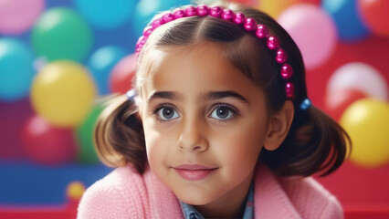 Portrait cute hispanic teen girl on Pop-Art colored background
