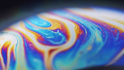 Paint blend. Holographic sphere. Defocused blue orange color stain bubble oil fluid ink mix wave motion marble texture abstract art background.