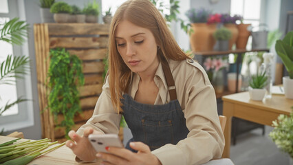 A pensive young woman in an apron texting indoors surrounded by plants.