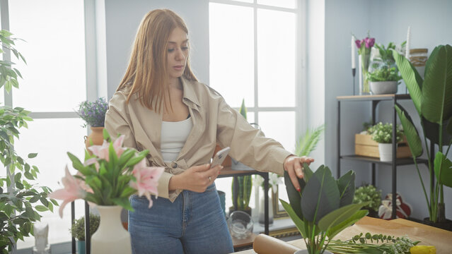 Young caucasian woman checking plants in a bright indoor room, surrounded by various greenery and flowers.
