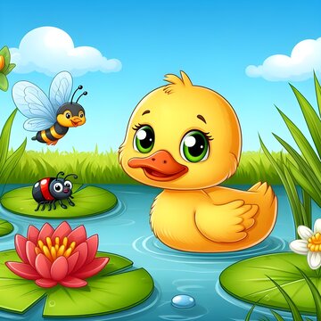 frog with a flower and duck