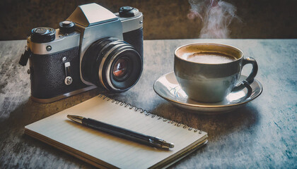 desk of a photographer drinking coffee and writing