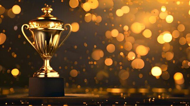 Golden trophy cup on bokeh background