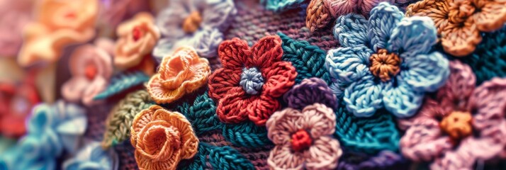 Fototapeta na wymiar Crochet Flower Background, Handmade Knitting Design, Hobby Illustration, Generative Ai Illustration