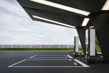 Electric vehicle fast charging station. 3d rendering of abstract architecture with sky background.