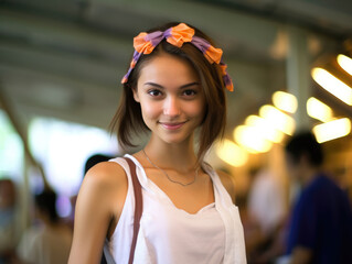 Radiant young woman with bow headband, casual attire, warm indoor lighting.
