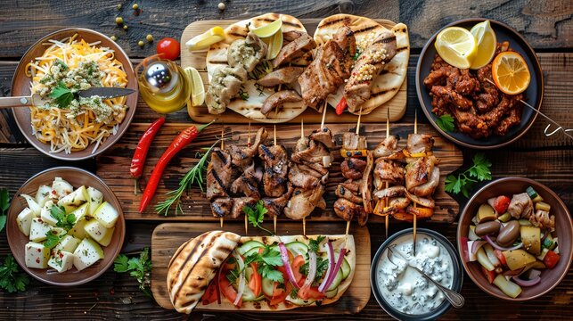 Fototapeta Greek street food variety, gyro sliced meat pita bread wrap, chiken and pork souvlaki skewer. Wooden table, top view --ar 16:9 Job ID: 8d4ab319-502b-422e-b203-caa10aaf12f6