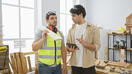Two men engaged in discussion over a tablet in a bright carpentry workshop filled with tools