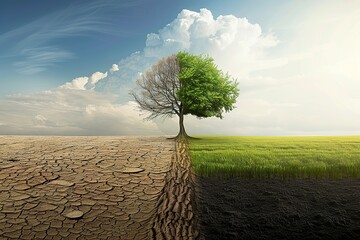 Double illustration. The picture left half represents dry, barren land, and the right half creates a realistic image of green nature and prosperity In the middle, there is a tree that looks different  - obrazy, fototapety, plakaty