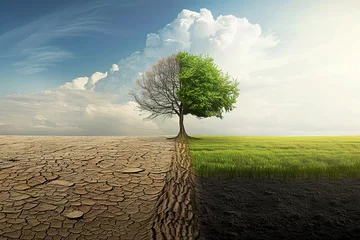 Fotobehang Double illustration. The picture left half represents dry, barren land, and the right half creates a realistic image of green nature and prosperity In the middle, there is a tree that looks different  © Pters