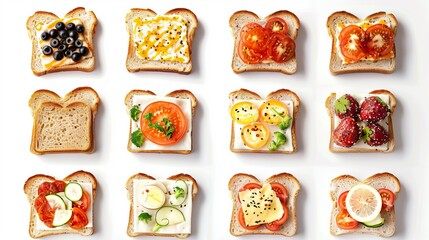 A collection featuring toast bread and various toppings arranged on a white background, captured from a top-down perspective.