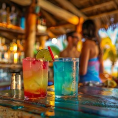 Beach Bar Counter with Color Drinks, Happy Couple Ordering Two Cocktails, Generative AI Illustration
