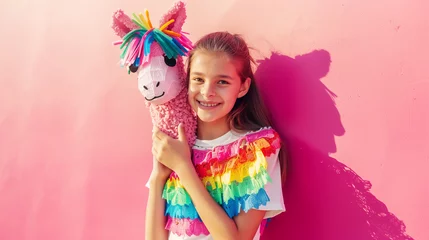 Gordijnen Young Mexican girl holding colorful llama toy on sunny background, Cinco de Mayo holiday concept, copy space. © Maria Shchipakina