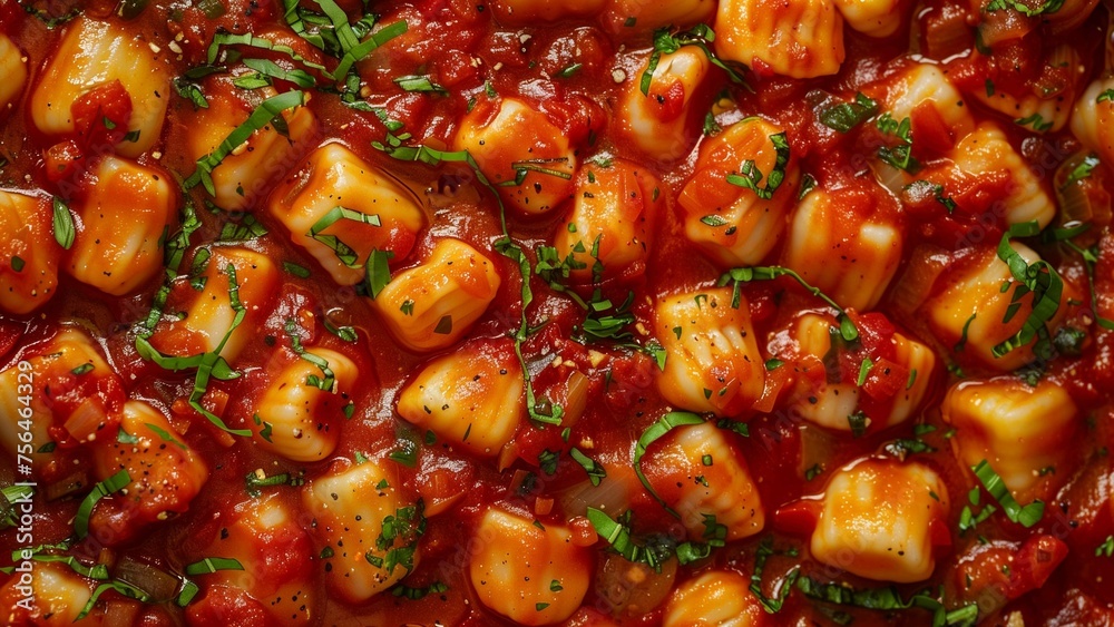 Wall mural Gnocchi in Tomato Sauce Close-Up, Italian Cuisine with Hearty Potato Dumplings and Rich Red Sauce, Garnished with Fresh Herbs for a Delicious and Comforting Meal, Ideal for Pasta Lovers