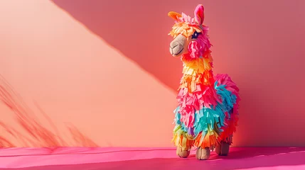 Poster Vibrant llama pinata stands on a bright pink background casting playful shadows, spirit of a Cinco de Mayo celebration or any joyful party occasion © Maria Shchipakina