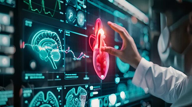 Cardiologist doctor examine patient heart functions and blood vessel on virtual interface.