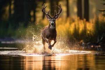 Foto auf Glas Graceful deer running through fields and forest, reflecting its power and elegance © Александр Раптовый