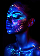 Glitter makeup and ultraviolet lights in neon colors on a dark conceptual background for photo frame