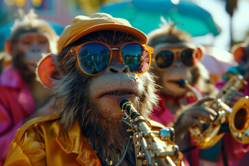 Monkey wearing sunglasses and playing the saxophone with others in a band under sunlight - obrazy, fototapety, plakaty
