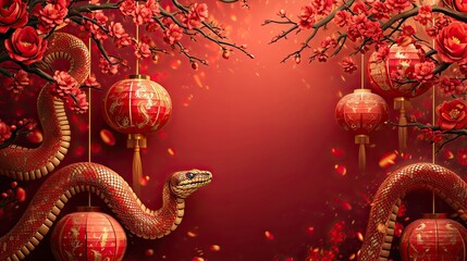 Obraz premium Chinese New Year symbol, Chinese style Christmas background with red Snake, lanterns and flowers, monochromatic red illustration, symbol of 2025 year, AI generated