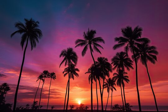 Tranquil scene of silhouetted palm trees against a vibrant orange and pink sunset
