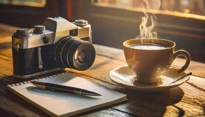 desk of a photographer drinking coffee and writing - obrazy, fototapety, plakaty