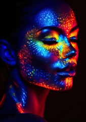 Makeup with ultraviolet paint in neon colors on a dark conceptual background for photo frame