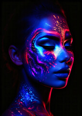Galaxy style makeup in neon colors on a dark background for photo frame