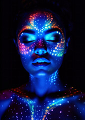 Modern glitter makeup and neon lights on a dark conceptual background for photo frame