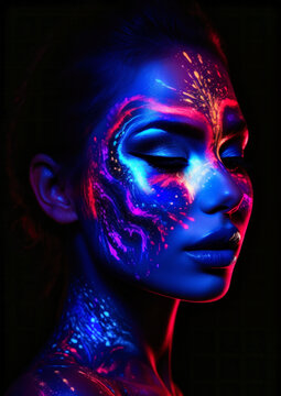 Galaxy style makeup in neon colors on a dark background for photo frame