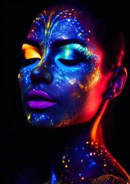 Woman in galaxy style makeup in neon colors with glitter on a dark conceptual background for photo frame