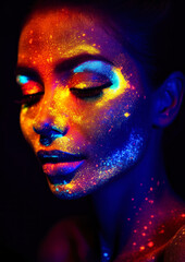 Woman in makeup with paint in neon colors on a dark conceptual background for photo frame