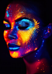Woman in makeup with ultraviolet paint in neon colors on a dark conceptual background for photo frame