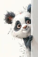 Obraz premium Illustration of cutie panda with large, expressive eyes, peering around a corner, with the foremost one partially hidden, with playful expression.