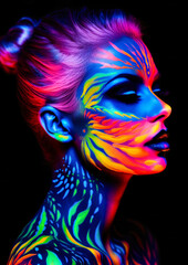 Woman in profile with leaves style makeup in neon colors on a dark conceptual background for photo frame